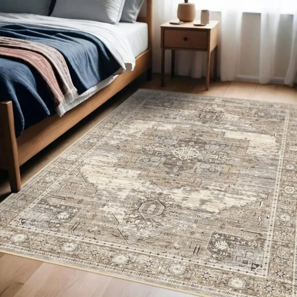 New 4x6 Beige Washable Area Rug, Vintage Non-Slip Carpet for Home & Room Decor